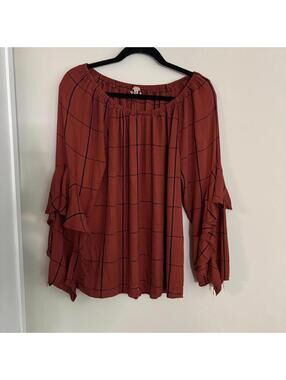 Gibson Latimer Orange Plaid Off The Shoulder Boho Ruffle Sleeve Blouse Top Shirt